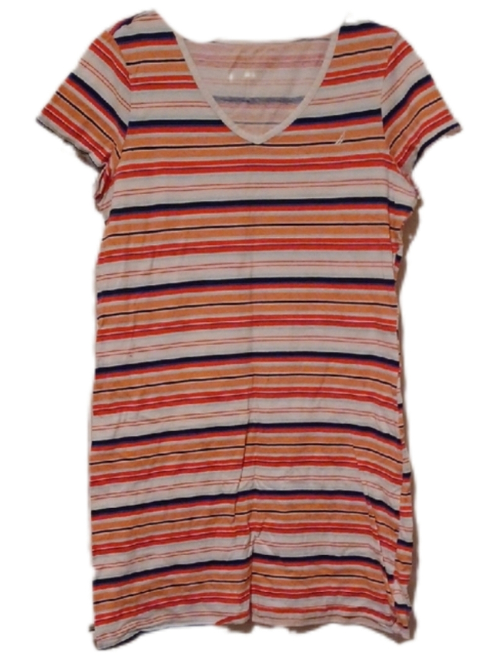 - Nautica Striped V-Neck Casual Tee Dress - Orange, Navy, White